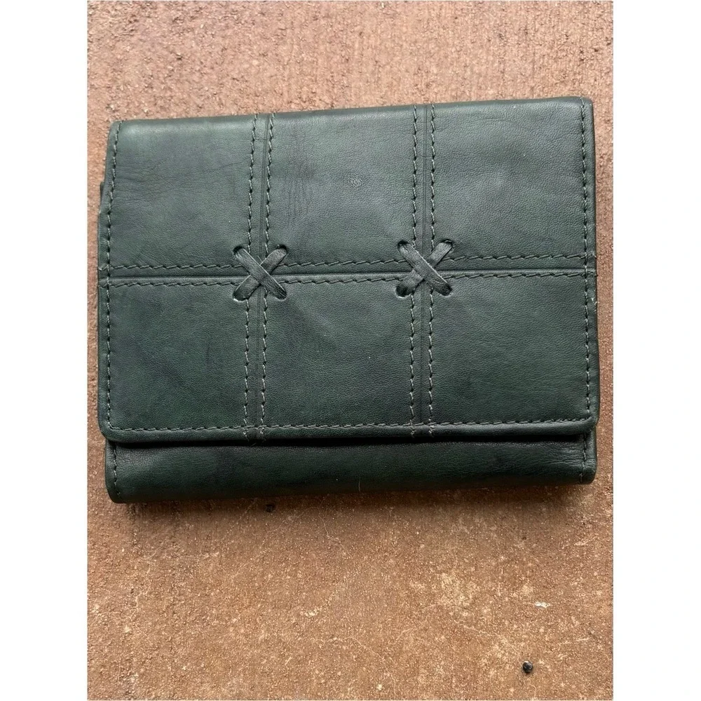 Genuine Leather Dark Green Tri-Fold Wallet Multi Card Organizer Zip Coin Pocket